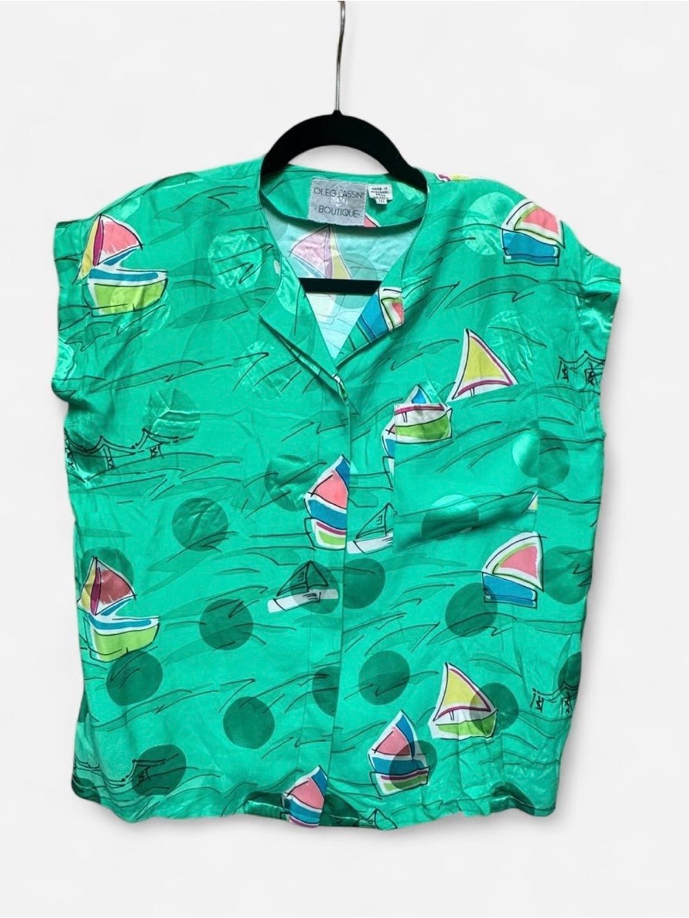Vintage Oleg Cassini Boutique Green Silky Sailboat and Polka Dot Blouse